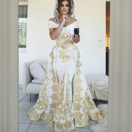 Glamorous Mermaid Prom Dresses With Overskirt Sexy Off Shoulder Golden Lace Applique Satin Party Dress Elegant Floor Length Evenin281q