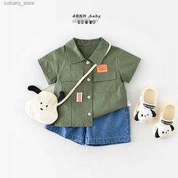 T-shirts Summer 2024 Korean Ins Baby Boys Shirts Cotton Short Sleeve Sticker Solid Infant Boys Tops Versatile Polo Toddler Boys T-shirts L240311