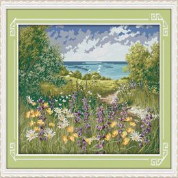 Cliffside path seaside scenery home decor painting Handmade Cross Stitch Embroidery Needlework sets counted print on canvas DMC 12076
