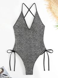 Women's Swimwear Sexy Shiny Glitter Sparkling V Neck Women One Piece Swimsuit Female Cross Back Monokini Bather Bathing Suit Swim K4843