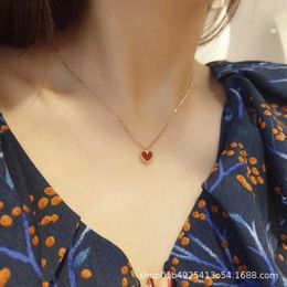 V Necklace 925 Sterling Silver Little Red Heart Necklace for Women Plated with 18k Love Red Agate Collar Chain Peach Heart Rose Gold Pendant High Grade
