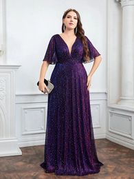 Wedding Bridesmaid Dress For Plus Size Female Fashion Plunging Neck Butterfly Sleeve Glitter Party Dresses Large Size Lady Dress 240309