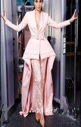 2020 New Pink Long Sleeve Jumpsuits Evening Dresses Deep V Neck With Sash Elegant Satin Guest Dress Prom Gowns 20775039202