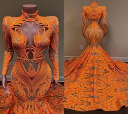2021 Orange Mermaid Prom Dresses Long Sleeves Lace Sequined African Black Girls Fishtail Evening Wear Dress Plus Size1100861