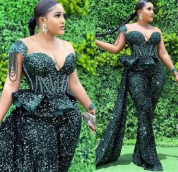 Hunter Green Jumpsuits Prom Dresses Sheer Neck Sequined African Plus Size Women Formal Evening Gowns