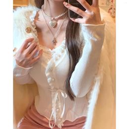 Women's Knits Cropped Cardigan 2024 Women Clothes Sweet Ruffles White Sueter V-neck Long Sleeve Tunic Pull Femme Drawstring Knit Sweater