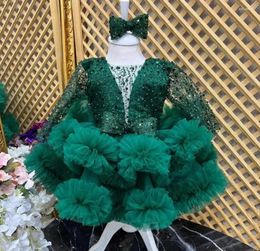 Girl Dresses Cute Green Tulle Baby Dress Beading Pearls Sequined Princess Long Sleeve Flower Infant Tutu Party Gown