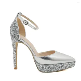 Dress Shoes 2024 Summer Sexy Brand Gold Silver Platform Heels Wedding Pumps Women Party Glitter Thin High Heeled