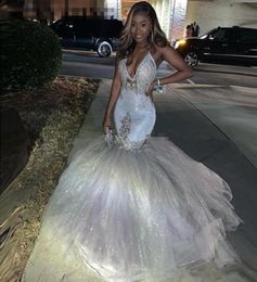 Sexy Sleeveless Sheer Appliques Mermaid Prom Dresses African Style Crystal Backless Sweep Train Evening Gowns Customzie6696496