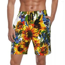 Mens Shorts Painted Sunflower Board Summer Unique Sunflowers Design Stylish Beach Men Sports Quick Drying Swim Trunks