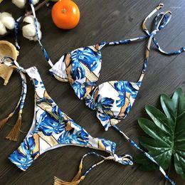 Women's Swimwear 2024 Sexy Leaf Printed Bikini Women Bandage Brazilian Swimming Bathing Suit String Biquini Tassel Beach Wear Swimsuit