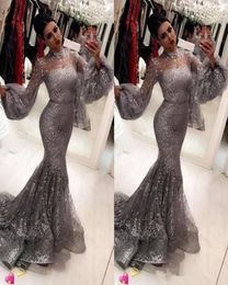 Fashion Sequins Mermaid Prom Dresses Sexy Hihg Neck Trumpet Long Sleeves muslim arabic Attractive Stylish evening dresses2434985