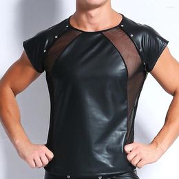 Men's T Shirts Mens PU Leather Mesh Patchwork T-shirts Shorts Sleeve Gothic Clubwear Gay Erotic Stage Costumes Tops Black Camisetas