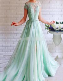 Mint Green Prom Dress crew Cap short Sleeves side slit Beaded with Pearls ALine Tulle Sashes Backless Long Formal Evening Gown fo6301591