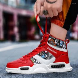 Casual Shoes Autumn High Top Red Sneakers For Men 2024 Fashion Graffiti Hip Hop Comfortable Leather Men's