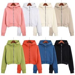 LU-Stickerei-Tauch-Hoodie für Damen, Yoga, Sport, lässige Jacke mit durchgehendem Reißverschluss, Plüsch-Kapuzenpullover, Fitnesskleidung, lässiges Laufen, Frühlings- und Herbst-Fitnessmantel