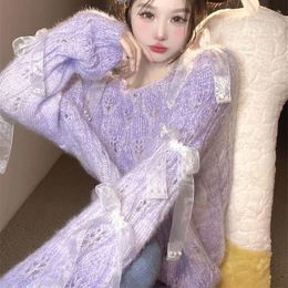Women's Sweaters Sweet Girl Gentle Style Lace Bow Design Unique Hollow Out Oversized Versatile Spring/Autumn Sexy Street Pullovers