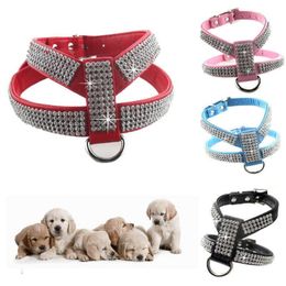 4 Sizes PU Leather Rhinestones Dog Harness Safety Comfortable Dress Up Pet Harness Collar For Small Medium Large Dog 210712275b