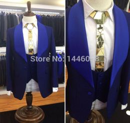 Handsome Groomsmen Royal Blue Groom Tuxedos Mens Wedding Dress Man Jacket Blazer Prom Dinner 3 Piece SuitJacketPantsTieVest A1044186