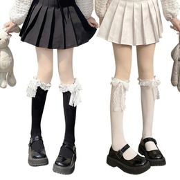 Women Socks School Girls Student Cotton Calf Japanese Ruffled Lace Bowknot Uniform Casual Knee High Stockings