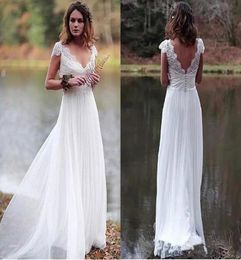 Vestido De Noiva 2019 Backless country Wedding Dresses Aline Cap Sleeves Chiffon Lace Beach Boho Wedding Bridal Gowns9724752