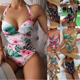 Women's Swimwear 2024 Sexy Halter Push Up Women One Piece Swimsuit Female Leaf Printed Bathing Suit Beachwear Swimming Monokini