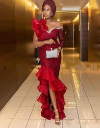 Aso Ebi Mermaid Evening Dresses Nigerian Styles Lace Appliques High Low train Formal Plus Size Prom Dress African robe de soiree7964514
