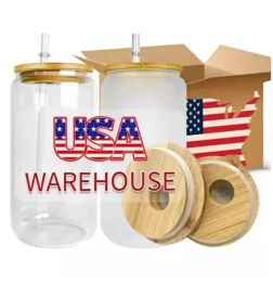 CA US Warehouse 3-10days delivery 16oz Sublimation Glass Mugs Cup Blanks With Bamboo Lid Frosted Beer Can Glasses Tumbler Mason Jar Plastic Straw