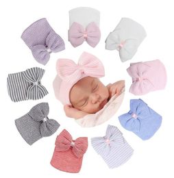 Baby Crochet Bowknot Hats 9 COLORS Newborn Girl Soft Beanie Hat with Bow INS Newborn Baby Hats Cotton Infant Warm Beanies Caps Wit6417296