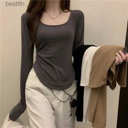 Women's T-Shirt Women Long Sle Square Neck T-Shirt Spring And Autumn New Irregular Hem Slim Casual Top Girl Bottom Shirts 240311