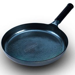 262830cm Iron Frying PanInduction CompatibleChinese Traditional Hammered Pan Blue Cooking Wok Kitchen Cookware 240308