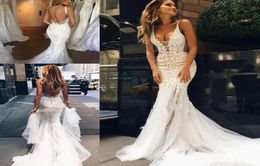 Pallas Couture 2020 Lace Floral Long Train Mermaid Beach Wedding Dresses Custom Make Vneck Full length Fishtail Bridal Wedding Go3486210