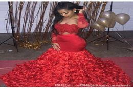 Aso Ebi Style Red Prom Dresses Two Piece 3D Rose Flowers for Women Party Wear Backless Dubai Long Sleeve Formal Evening Gowns Cust7214530