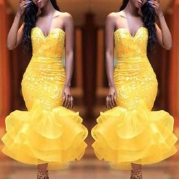 Yellow Sweetheart Short Prom Dresses Lace Appliques Organza Ruffles Mermaid Evening Gowns Tea Length Cocktail Party Dress Cheap234m