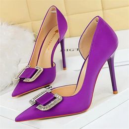 Dress Shoes 2024 Women 11cm High Heels Pumps Lady Wedding Bridal Purple Green Peach Crystal Buckle Prom Silk Satin Nightclub