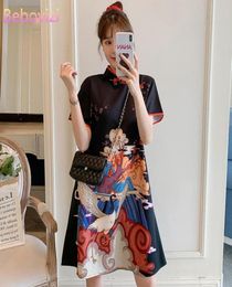Plus Size M4XL Fashion Modern Trend Cheongsam Dress for Women Summer Black Short Sleeve Qipao Traditional Chinese Clothing6258795
