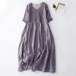 Casual Dresses Loose Cut Pleated Dress A-line Double-layered V Neck Summer With Short Sleeves Retro Style For Women