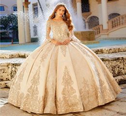 Amazing Beaded Lace Ball Gown Quinceanera Dresses Sheer Bateau Neck Long Sleeves Prom Gowns Sequined Sweep Train Tulle Sweet 15 Dr6606865