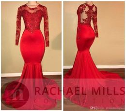 African Red Long Sleeve Mermaid Prom Dresses Bead Crystal Lace Appliqued Elastic Satin Sweep Train Women Formal Party Gown1954511