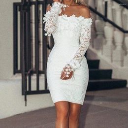 Casual Dresses Floral Lace White For Women Crochet Slash Neck Off Shoulder Cocktail Party Dress Elegant Ladies Slim Bodycon Robe