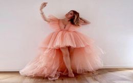 2020 Sexy deep v neck ruched High low tiered Ruffles Tutu evening gowns Tulle Blush Pink Tiered Tulle Prom Dresses7743762