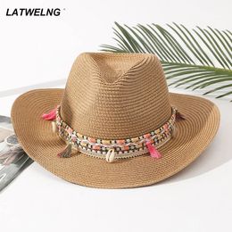 Wholesale Women Pink Tassel Cowboy Hat Floppy Beach Hats Summer Straw Hats Ladies UV Protection Hat Panama Sun Hat 240304