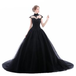 2019 Ball Gown Black Gothic Wedding Dresses High Neck Lace Tulle Corset Lace-Up Back Women Non White Bridal Gowns With Colour Custo253V