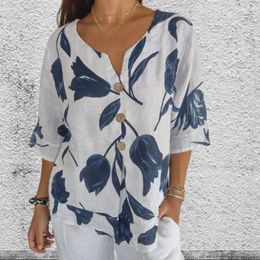 Women's Blouses Women Spring Summer Shirt V Neck Single-breasted Top Three Quarter Sleeve Loose Retro Thin Lady Blouse