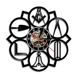 1Piece Masonic Mason Vinyl Record Wall Clock Vintage 3D Handmade Home Decor Clock Wall Art LJ201208254N