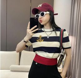 designer Stylish Fashion Striped Knitted Tshirt Tops Women Sweater Tees 2024 Summer Short Sleeve O-neck Color-blocked Ladies Knitwear