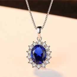 Vintage Necklace Luxury S925 Silver Synthetic Egg Shape Sapphire Pendant Necklace European Charm Women Collar Chain Wedding Party Jewelry Valentine's Day Gift SPC