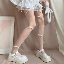 Women Socks Fashion Bow Pearl Embroidery Stockings Ultra-thin Mesh Pantyhose Sweet Girls Comfortable Breathable Tights