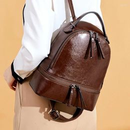 School Bags Genuine Leather Rucksack Female Travel Knapsack High Quality 2024 Design Daypack Women Oil Wax Cowhide Backpacks