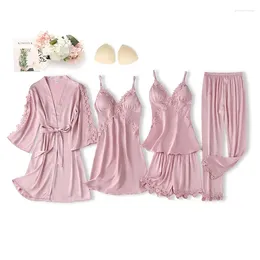 Women's Sleepwear Lace Robe Set Floral Trim Soft Pyjamas Suit Sexy V-Neck Nightgown Sleepshirts Summer Bathrobe Dressing Gown